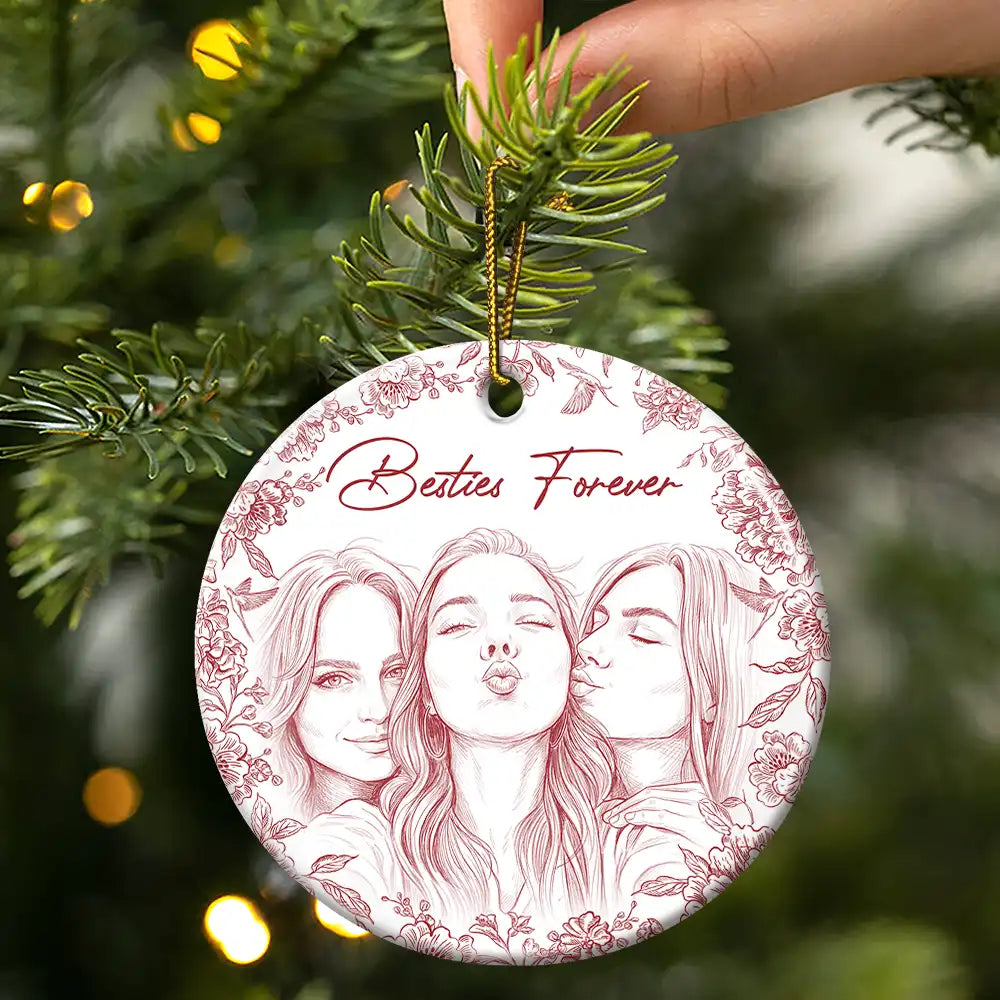 Art Design,Gift For Bestie,Christmas,Photo - Pencil Sketch - Remove BG,Happy - Custom Photo Pencil Sketch A True Friendship Is A Journey Without An End - Personalized Circle Ceramic Ornament