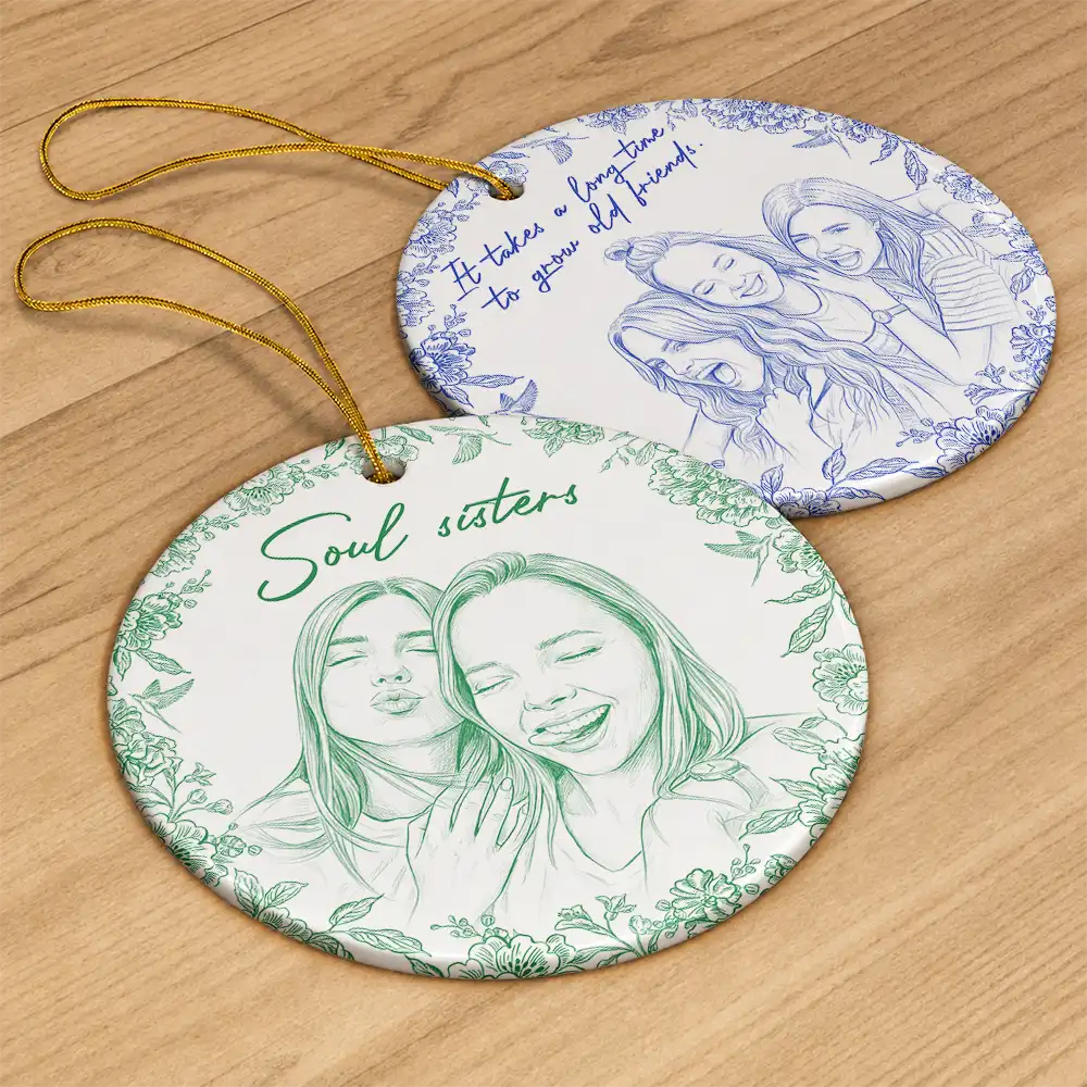Art Design,Gift For Bestie,Christmas,Photo - Pencil Sketch - Remove BG,Happy - Custom Photo Pencil Sketch A True Friendship Is A Journey Without An End - Personalized Circle Ceramic Ornament