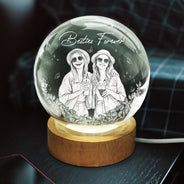 Gift For Bestie,Old Best friends,Gift For Sisters,Custom Photo,Happy - Custom Photo Pencil Sketch A True Friendship Is A Journey Without An End - Personalized Crystal Globe Lamp