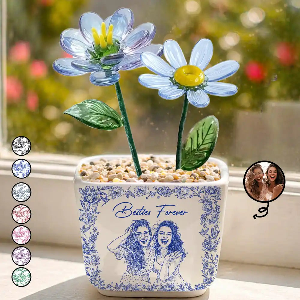 Custom Photo Pencil Sketch A True Friendship Is A Journey Without An End - Personalized Glass Flower Plant Pot