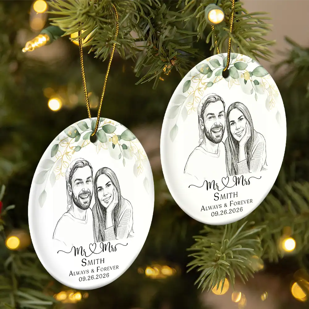First Christmas,Art Design,Christmas,Romantic,Gift For Couples,Photo - Pencil Sketch - Remove BG - Custom Photo Pencil Sketch Always & Forever Couple First Christmas - Personalized Circle Ceramic Ornament