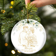 First Christmas,Art Design,Christmas,Romantic,Gift For Couples,Photo - Pencil Sketch - Remove BG - Custom Photo Pencil Sketch Always & Forever Couple First Christmas - Personalized Circle Ceramic Ornament