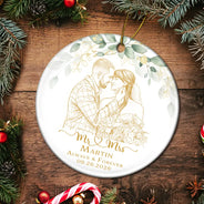 First Christmas,Art Design,Christmas,Romantic,Gift For Couples,Photo - Pencil Sketch - Remove BG - Custom Photo Pencil Sketch Always & Forever Couple First Christmas - Personalized Circle Ceramic Ornament