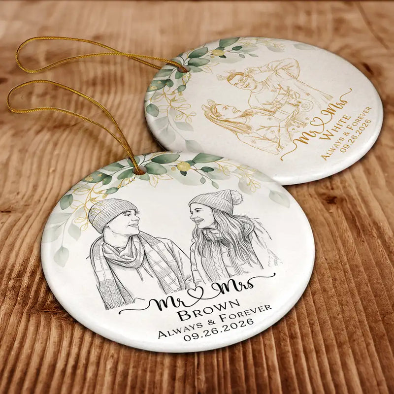 First Christmas,Art Design,Christmas,Romantic,Gift For Couples,Photo - Pencil Sketch - Remove BG - Custom Photo Pencil Sketch Always & Forever Couple First Christmas - Personalized Circle Ceramic Ornament