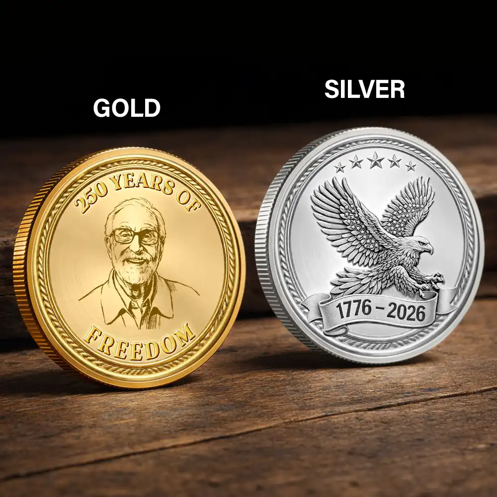 America 250th, Independence Day, Gift For Couples, Gift For Father, Happy - Custom Photo Pencil Sketch America 250 Years Of Freedom - Personalized Commemorative Keepsake Coin