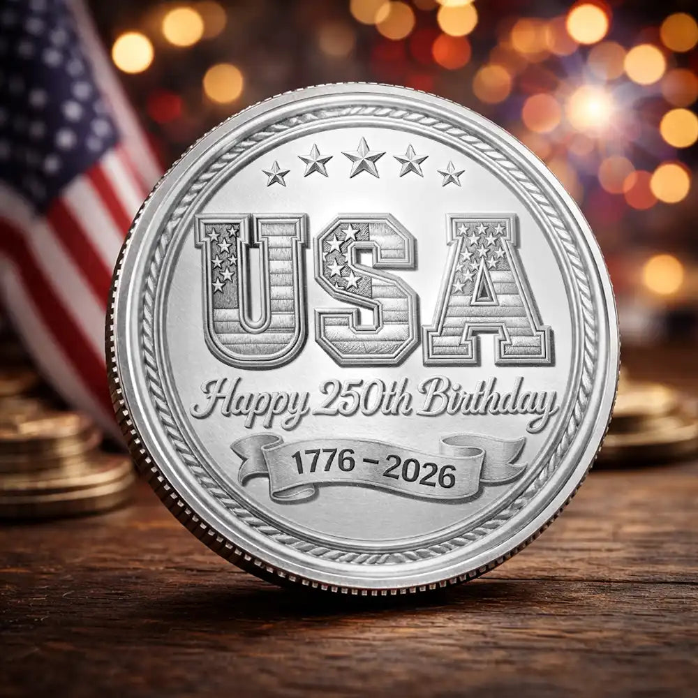 America 250th, Independence Day, Gift For Couples, Gift For Father, Happy - Custom Photo Pencil Sketch America 250 Years Of Freedom - Personalized Commemorative Keepsake Coin
