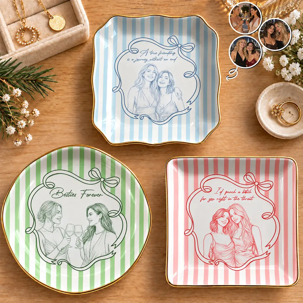 Top Market,Art Design,Gift For Bestie,Photo - Pencil Sketch - White BG,Happy - Custom Photo Pencil Sketch Art A True Friendship Is A Journey Without An End Stripe - Personalized Ring Dish