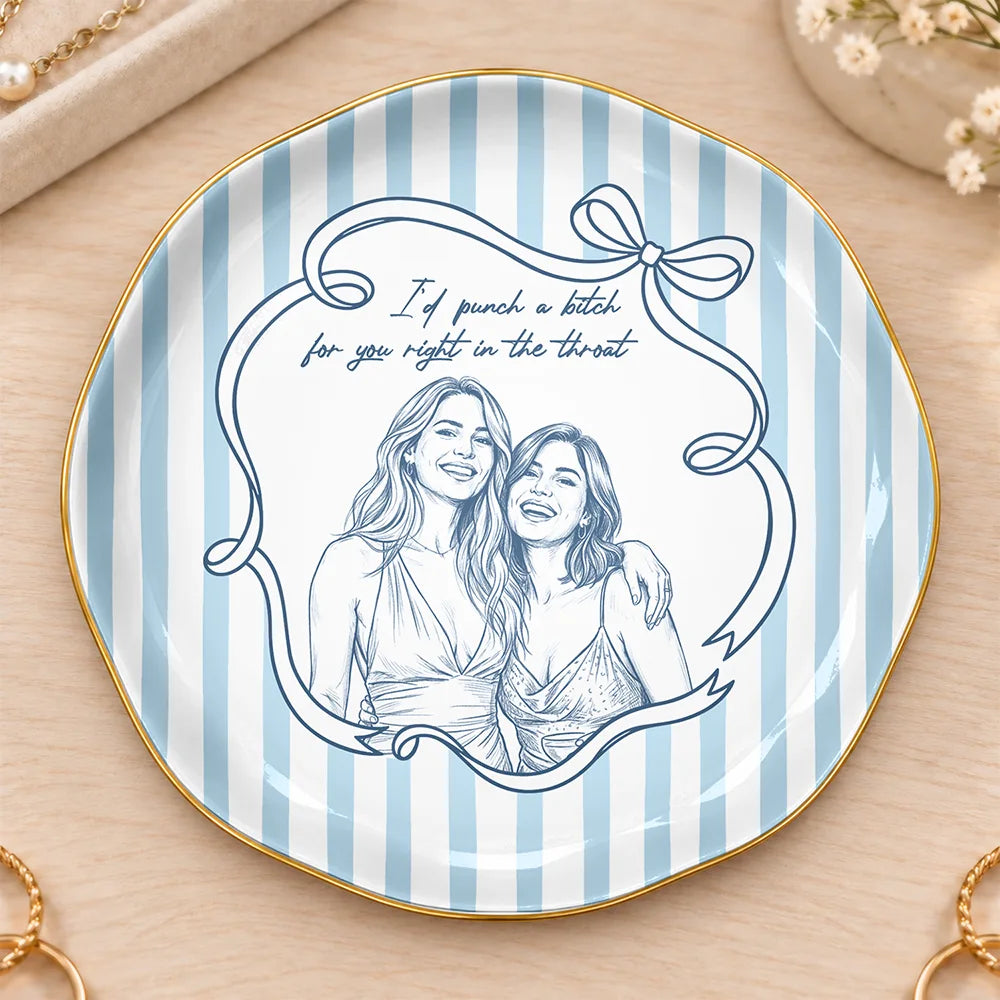 Top Market,Art Design,Gift For Bestie,Photo - Pencil Sketch - White BG,Happy - Custom Photo Pencil Sketch Art A True Friendship Is A Journey Without An End Stripe - Personalized Ring Dish