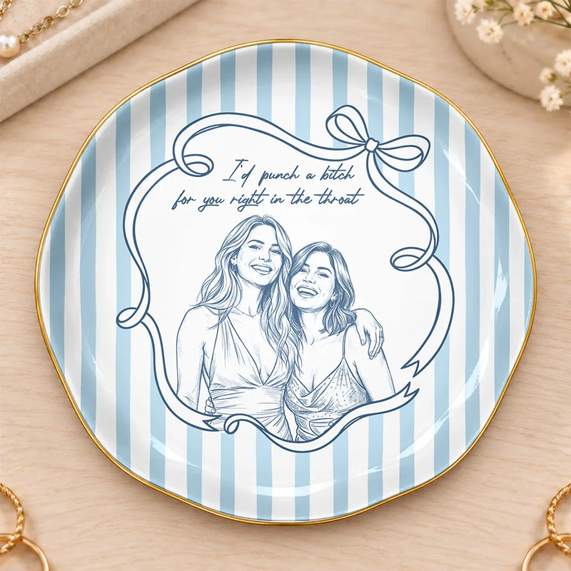 Top Market,Art Design,Gift For Bestie,Photo - Pencil Sketch - White BG,Happy - Custom Photo Pencil Sketch Art A True Friendship Is A Journey Without An End Stripe - Personalized Ring Dish