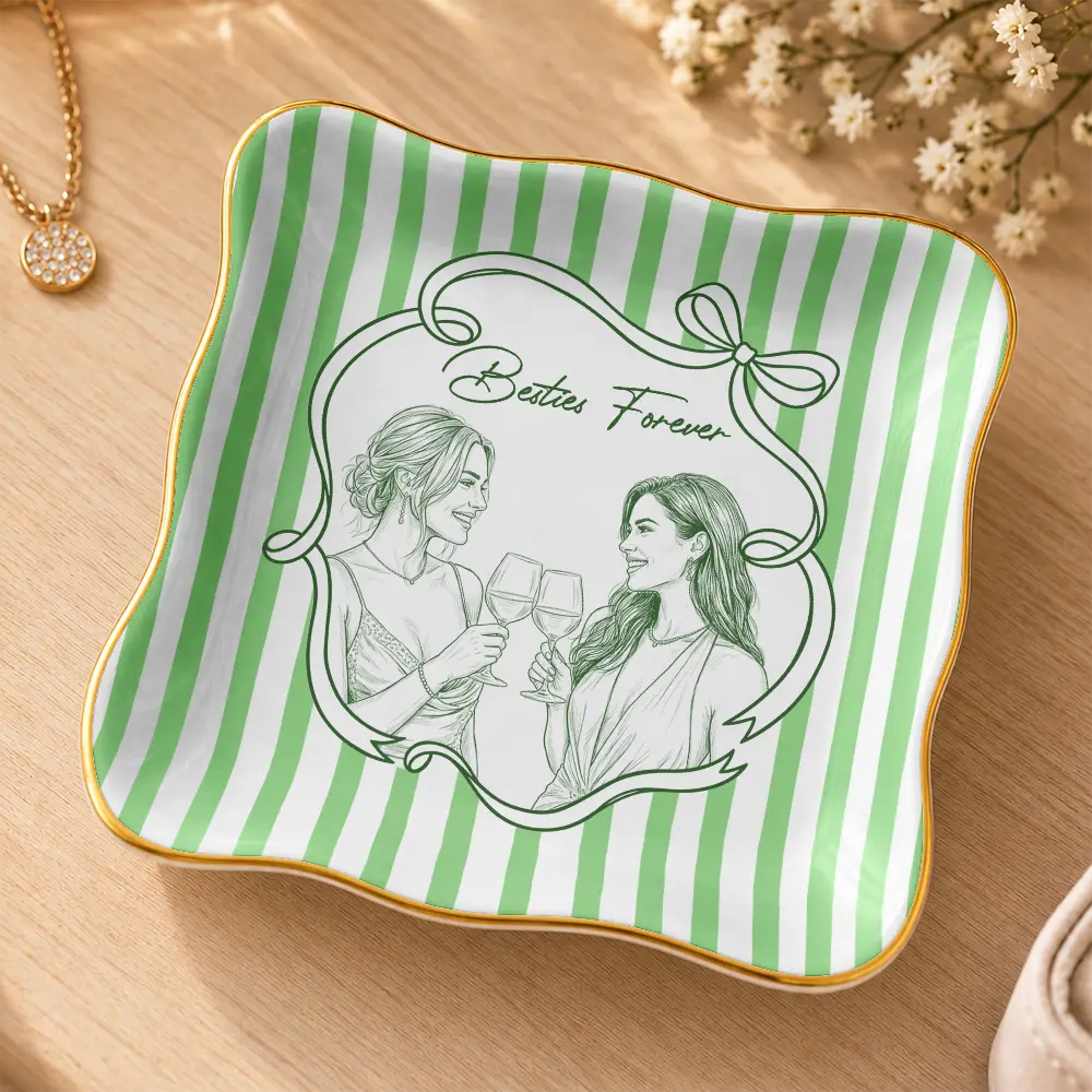 Top Market,Art Design,Gift For Bestie,Photo - Pencil Sketch - White BG,Happy - Custom Photo Pencil Sketch Art A True Friendship Is A Journey Without An End Stripe - Personalized Ring Dish