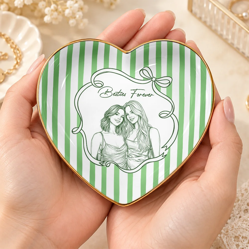 Top Market,Art Design,Gift For Bestie,Photo - Pencil Sketch - White BG,Happy - Custom Photo Pencil Sketch Art A True Friendship Is A Journey Without An End Stripe - Personalized Ring Dish