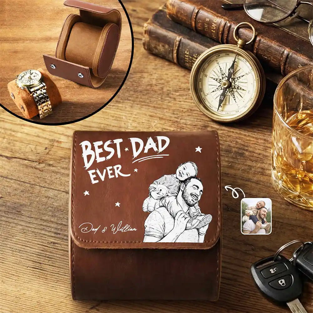 Custom Photo Pencil Sketch Art Best Dad Grandpa Ever - Personalized Leather Watch Case