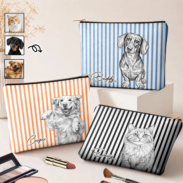 Custom Photo, Art Design, Pet Lovers, Adorable, Photo - Pencil Sketch - White BG - Custom Photo Pencil Sketch Art Besties Dog Cat - Personalized Cosmetic Bag