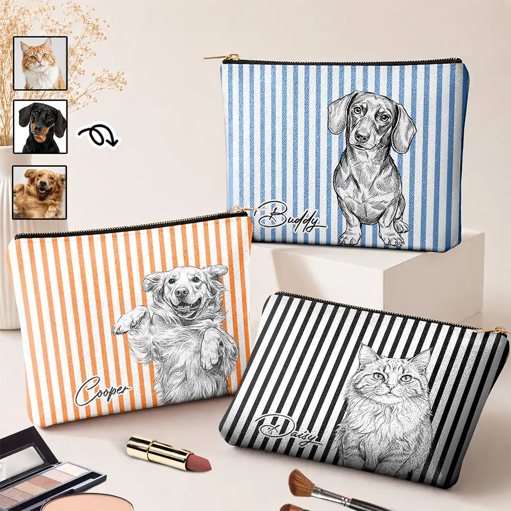 Custom Photo, Art Design, Pet Lovers, Adorable, Photo - Pencil Sketch - White BG - Custom Photo Pencil Sketch Art Besties Dog Cat - Personalized Cosmetic Bag