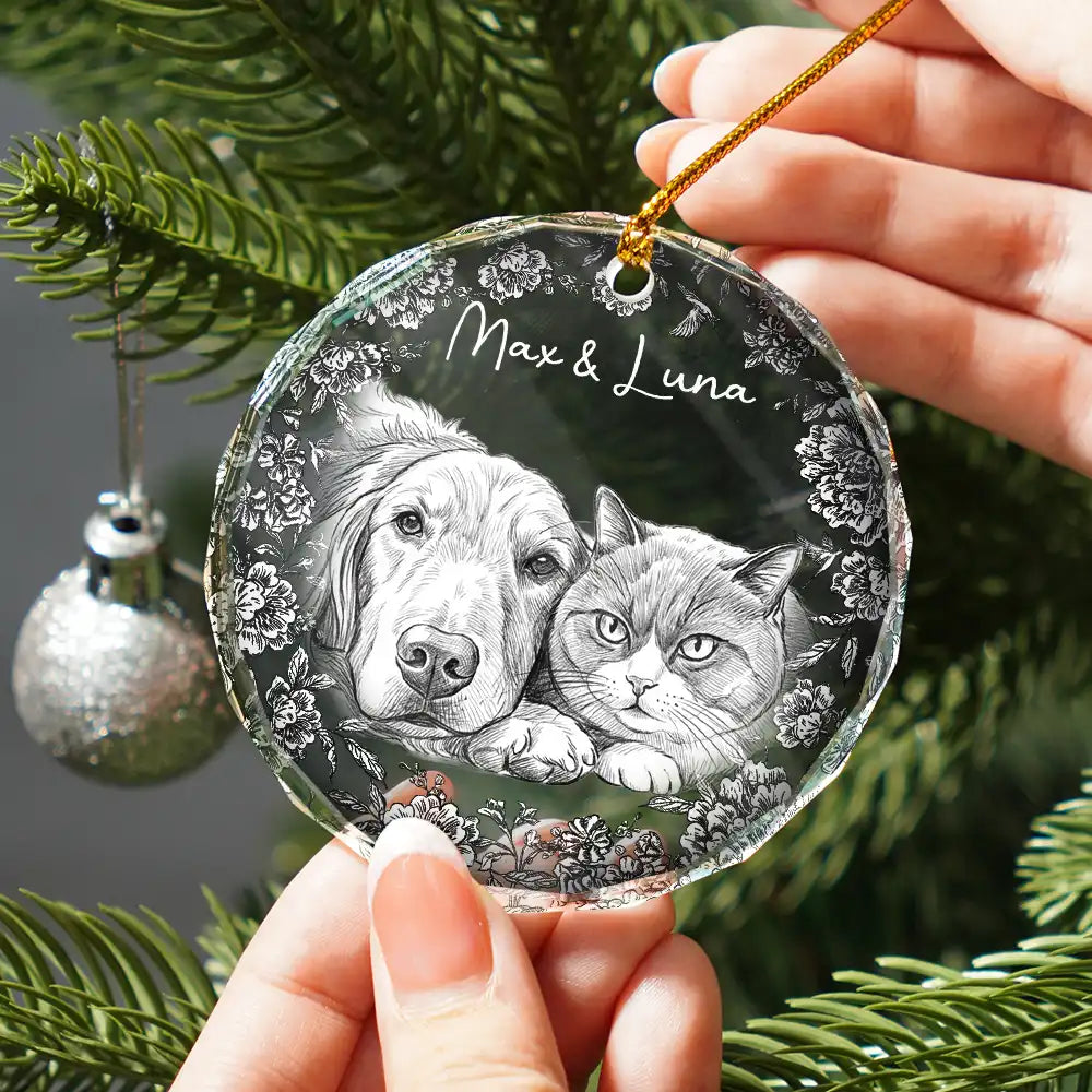 Art Design, Christmas, Pet Lovers, Photo - Pencil Sketch - White BG, Happy - Custom Photo Pencil Sketch Art Cute Dog Cat Portrait - Personalized Circle Glass Ornament