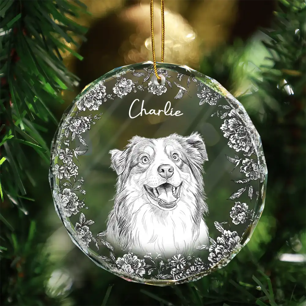Art Design, Christmas, Pet Lovers, Photo - Pencil Sketch - White BG, Happy - Custom Photo Pencil Sketch Art Cute Dog Cat Portrait - Personalized Circle Glass Ornament