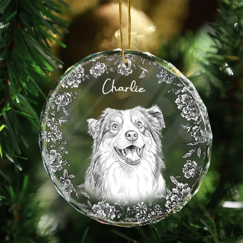 Art Design, Christmas, Pet Lovers, Photo - Pencil Sketch - White BG, Happy - Custom Photo Pencil Sketch Art Cute Dog Cat Portrait - Personalized Circle Glass Ornament