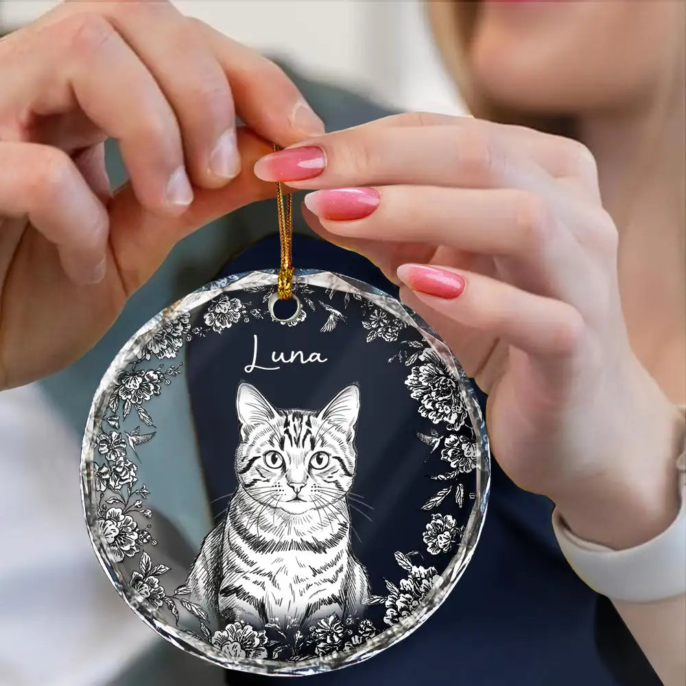 Art Design, Christmas, Pet Lovers, Photo - Pencil Sketch - White BG, Happy - Custom Photo Pencil Sketch Art Cute Dog Cat Portrait - Personalized Circle Glass Ornament
