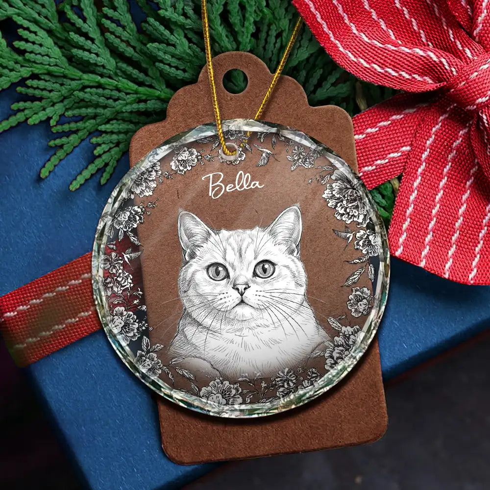 Art Design, Christmas, Pet Lovers, Photo - Pencil Sketch - White BG, Happy - Custom Photo Pencil Sketch Art Cute Dog Cat Portrait - Personalized Circle Glass Ornament