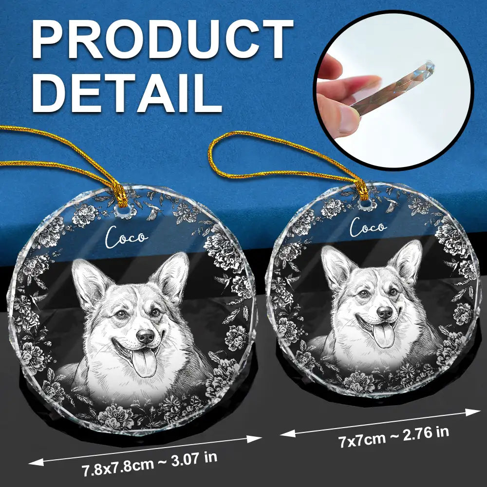 Art Design, Christmas, Pet Lovers, Photo - Pencil Sketch - White BG, Happy - Custom Photo Pencil Sketch Art Cute Dog Cat Portrait - Personalized Circle Glass Ornament
