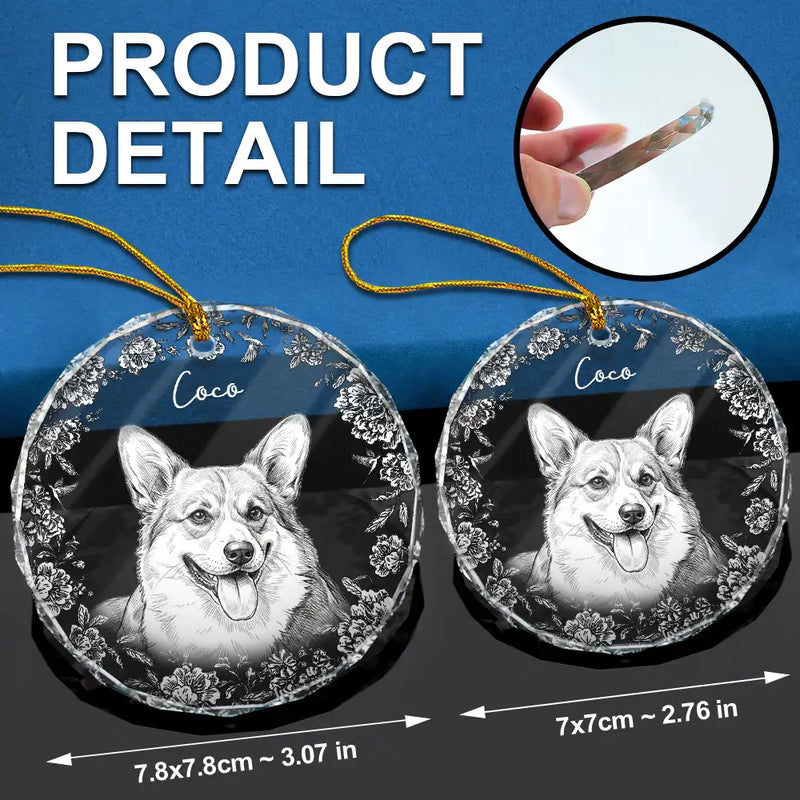 Art Design, Christmas, Pet Lovers, Photo - Pencil Sketch - White BG, Happy - Custom Photo Pencil Sketch Art Cute Dog Cat Portrait - Personalized Circle Glass Ornament
