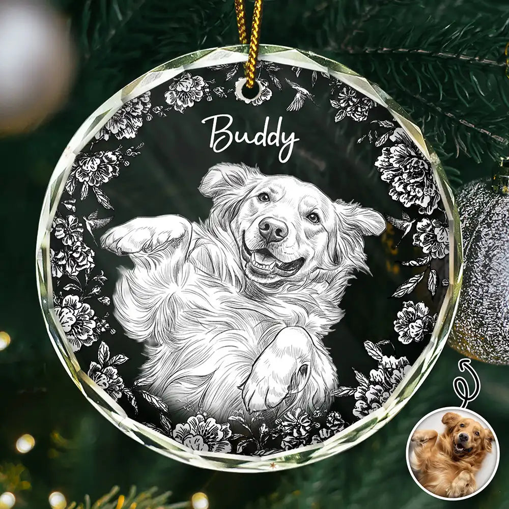 Custom Photo Pencil Sketch Art Cute Dog Cat Portrait - Personalized Circle Glass Ornament