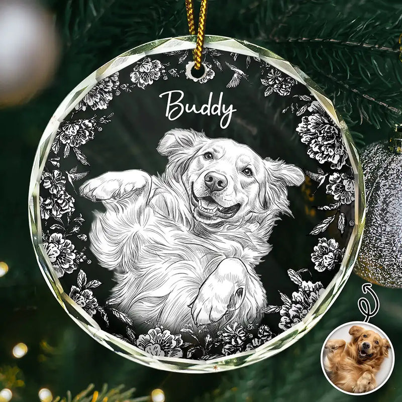 Art Design, Christmas, Pet Lovers, Photo - Pencil Sketch - White BG, Happy - Custom Photo Pencil Sketch Art Cute Dog Cat Portrait - Personalized Circle Glass Ornament