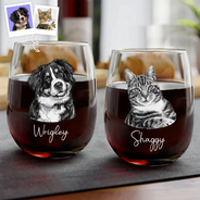 Family,Gift For Bestie,Dog Lovers,Cat Lovers,Happy,Custom Photo,Gift For Mother,Gift For Father - Custom Photo Pencil Sketch Art Family Besties Dog Cat Portrait - Personalized Stemless Wine Glass