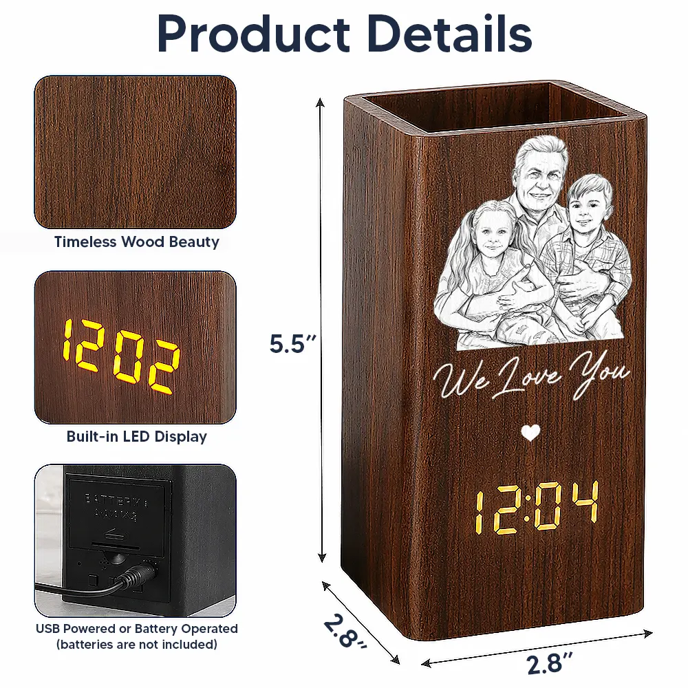 Gift For Father,Custom Photo,Art Design,Sentimental,Photo - Pencil Sketch - White BG - Custom Photo Pencil Sketch Art Family Portrait Best Grandpa Dad Ever - Personalized Pen Holder With Clock