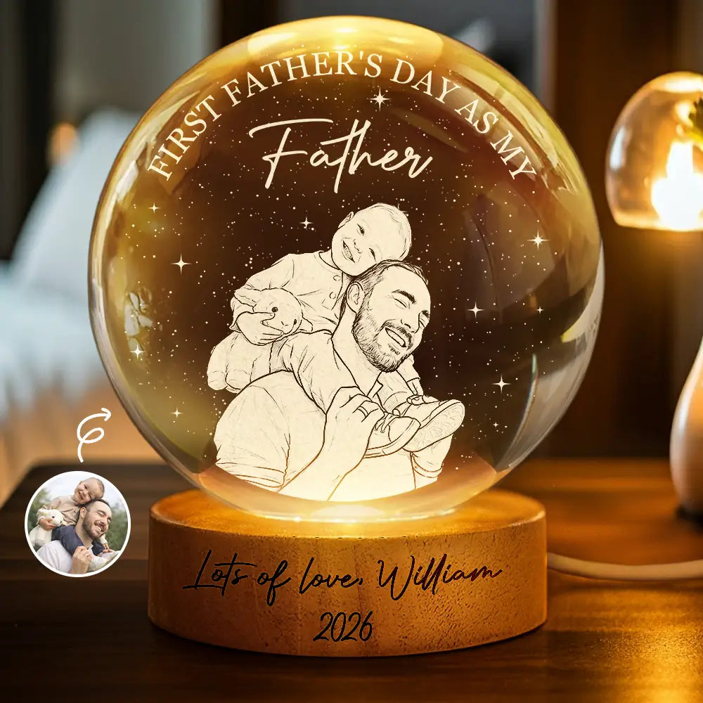 Custom Photo Pencil Sketch Art First Father's Day As My Dad - Personalized Crystal Globe Lamp