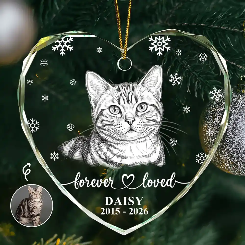 Art Design,Christmas,Pet Memorial,Cozy,Pet Lovers,Memorial,Photo - Pencil Sketch - White BG - Custom Photo Pencil Sketch Art Forever Loved Memorial Dog Cat - Personalized Heart Shaped Glass Ornament