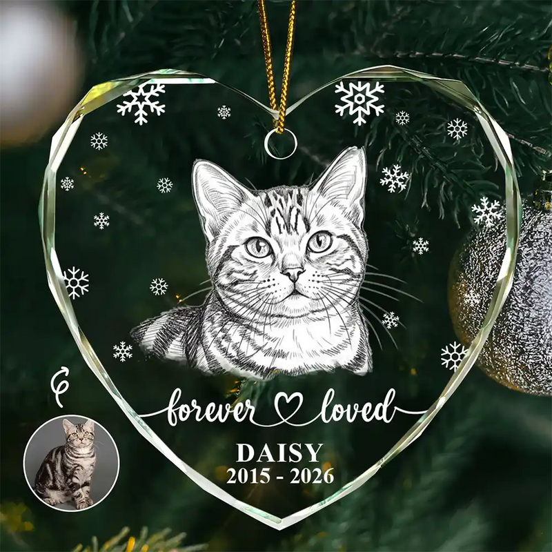 Art Design,Christmas,Pet Memorial,Cozy,Pet Lovers,Memorial,Photo - Pencil Sketch - White BG - Custom Photo Pencil Sketch Art Forever Loved Memorial Dog Cat - Personalized Heart Shaped Glass Ornament
