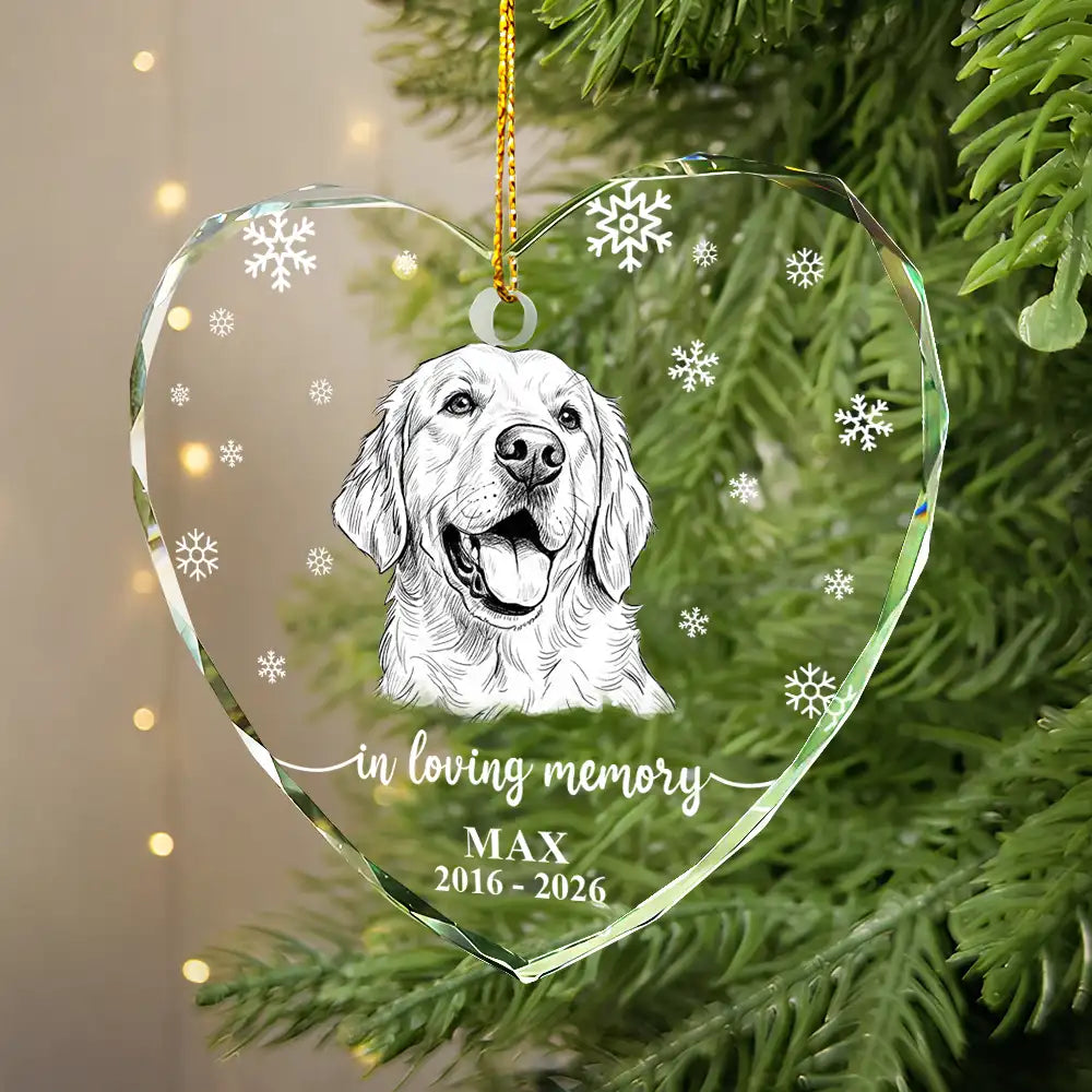 Art Design,Christmas,Pet Memorial,Cozy,Pet Lovers,Memorial,Photo - Pencil Sketch - White BG - Custom Photo Pencil Sketch Art Forever Loved Memorial Dog Cat - Personalized Heart Shaped Glass Ornament