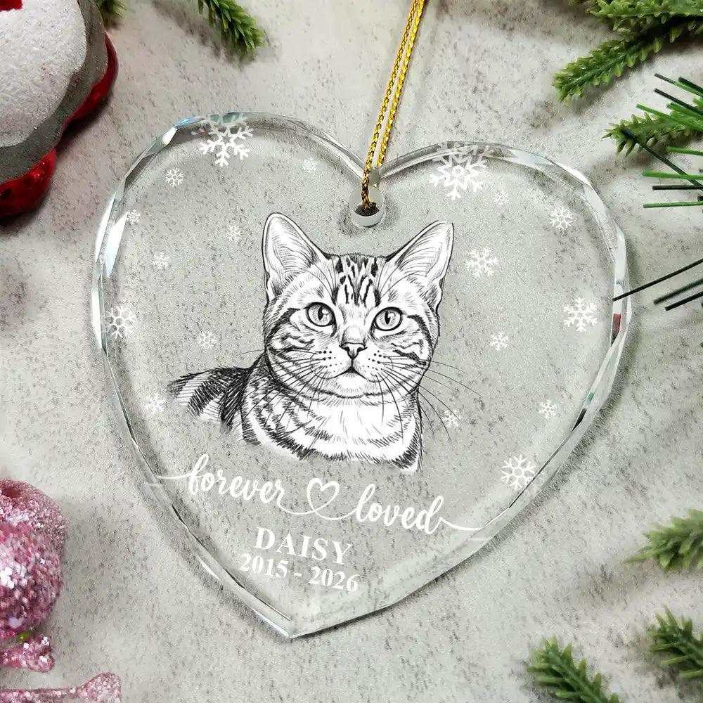 Art Design,Christmas,Pet Memorial,Cozy,Pet Lovers,Memorial,Photo - Pencil Sketch - White BG - Custom Photo Pencil Sketch Art Forever Loved Memorial Dog Cat - Personalized Heart Shaped Glass Ornament