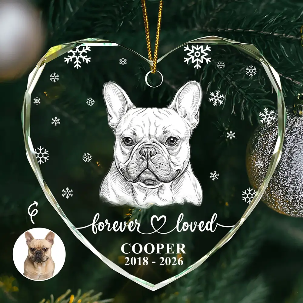 Custom Photo Pencil Sketch Art Forever Loved Memorial Dog Cat - Personalized Heart Shaped Glass Ornament