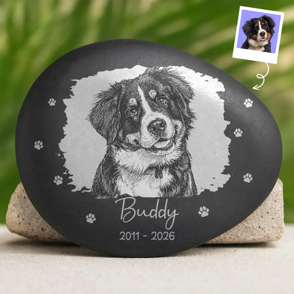Custom Photo Pencil Sketch Art Memorial Family Dog Cat Portrait - Personalized Printed Rock