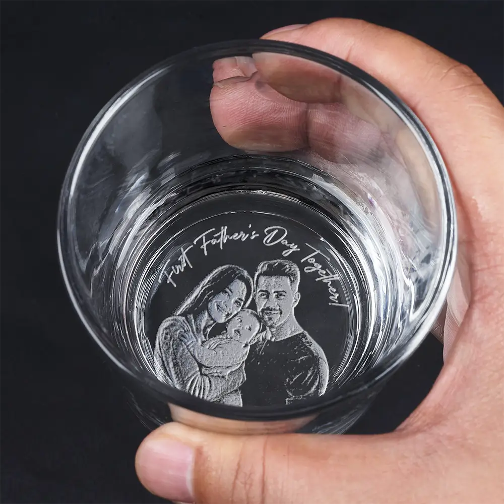 Gift For Father,Family,New Dad,Non-Eng,Photo - Pencil Sketch (White BG),Sentimental - Custom Photo Pencil Sketch Art Our First Father's Day Together Portrait - Personalized Engraved Whiskey Glass