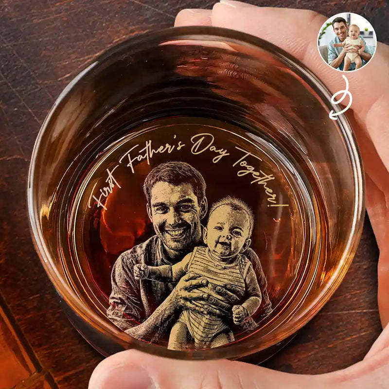 Gift For Father,Family,New Dad,Non-Eng,Photo - Pencil Sketch (White BG),Sentimental - Custom Photo Pencil Sketch Art Our First Father's Day Together Portrait - Personalized Engraved Whiskey Glass