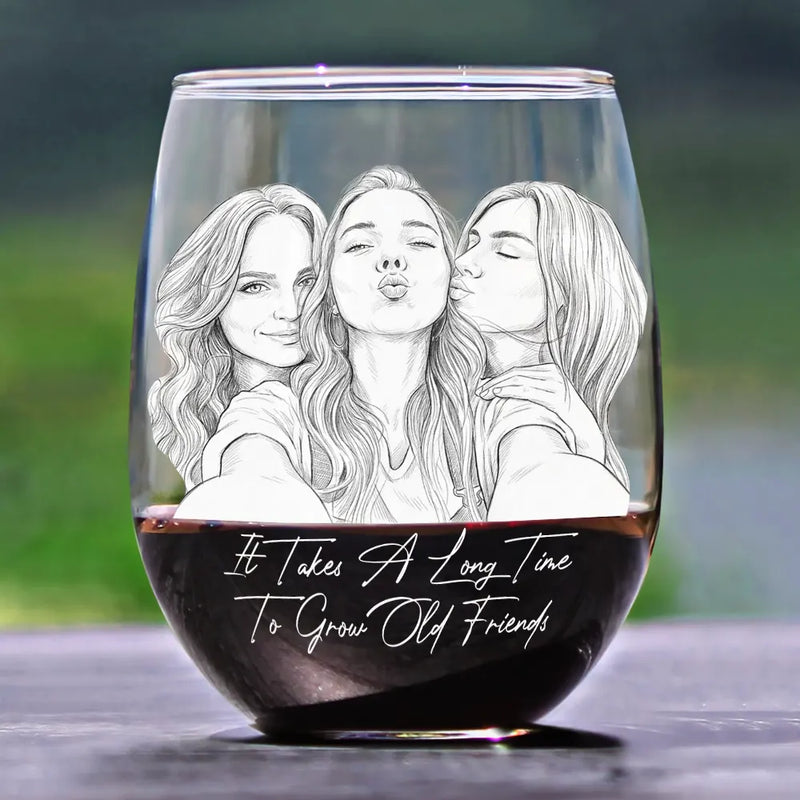 Art Design, Gift For Bestie, Humorous, Custom Photo, Photo - Pencil Sketch - White BG - Custom Photo Pencil Sketch Art Right In The Throat Besties - Personalized Stemless Wine Glass