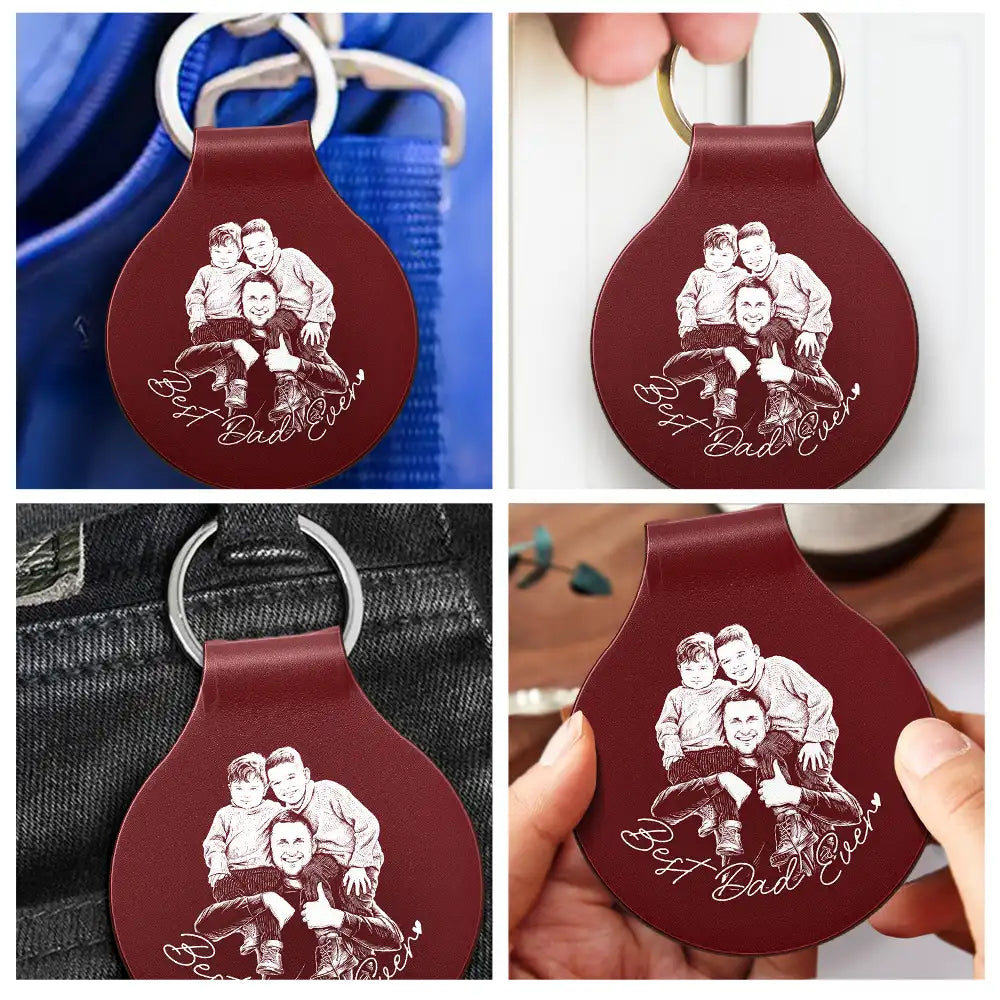 Gift For Father,Gift For Grandpa,Dog Dad,Cat Dad,Pet Dad,Family,Non-Eng,Photo - Pencil Sketch,Confident - Custom Photo Pencil Sketch Best Dad Ever - Personalized Custom Shaped Leather Keychain
