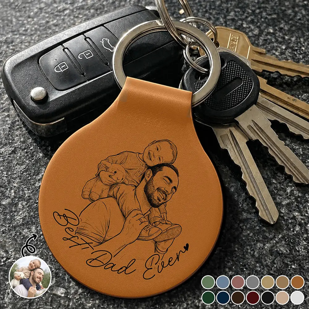 Custom Photo Pencil Sketch Best Dad Ever - Personalized Custom Shaped Leather Keychain