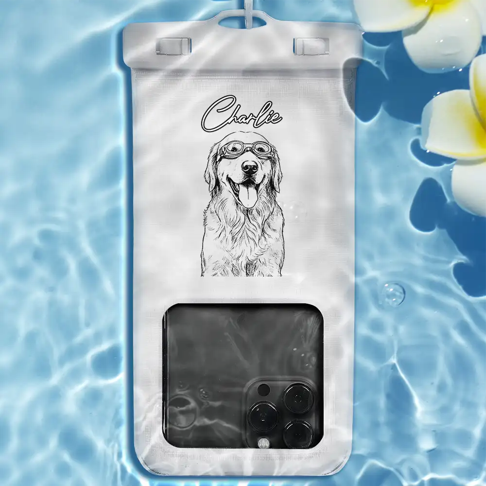 Custom Photo, Beach, Art Design, Summer, Pet Lovers, Playful, Photo - Pencil Sketch - Remove BG - Custom Photo Pencil Sketch Besties Dog Cat Funny Portrait - Personalized Waterproof Phone Pouch