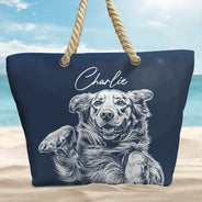 Custom Photo, Beach, Art Design, Summer, Pet Lovers, Playful, Photo - Pencil Sketch - Remove BG - Custom Photo Pencil Sketch Besties Family Pet Funny Portrait - Personalized Beach Bag