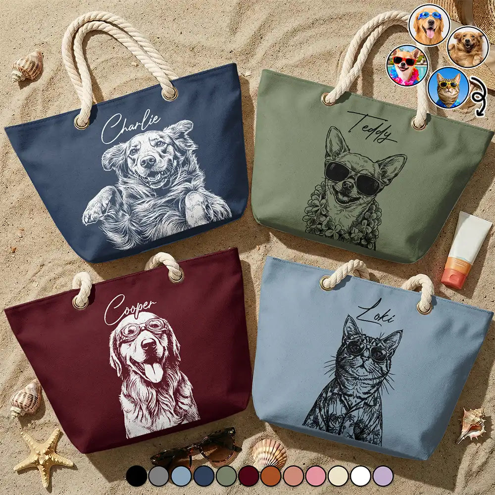 Custom Photo, Beach, Art Design, Summer, Pet Lovers, Playful, Photo - Pencil Sketch - Remove BG - Custom Photo Pencil Sketch Besties Family Pet Funny Portrait - Personalized Beach Bag