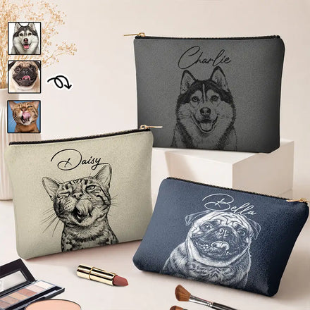 Custom Photo Pencil Sketch Besties Family Pet Funny Portrait - Personalized Cosmetic Bag