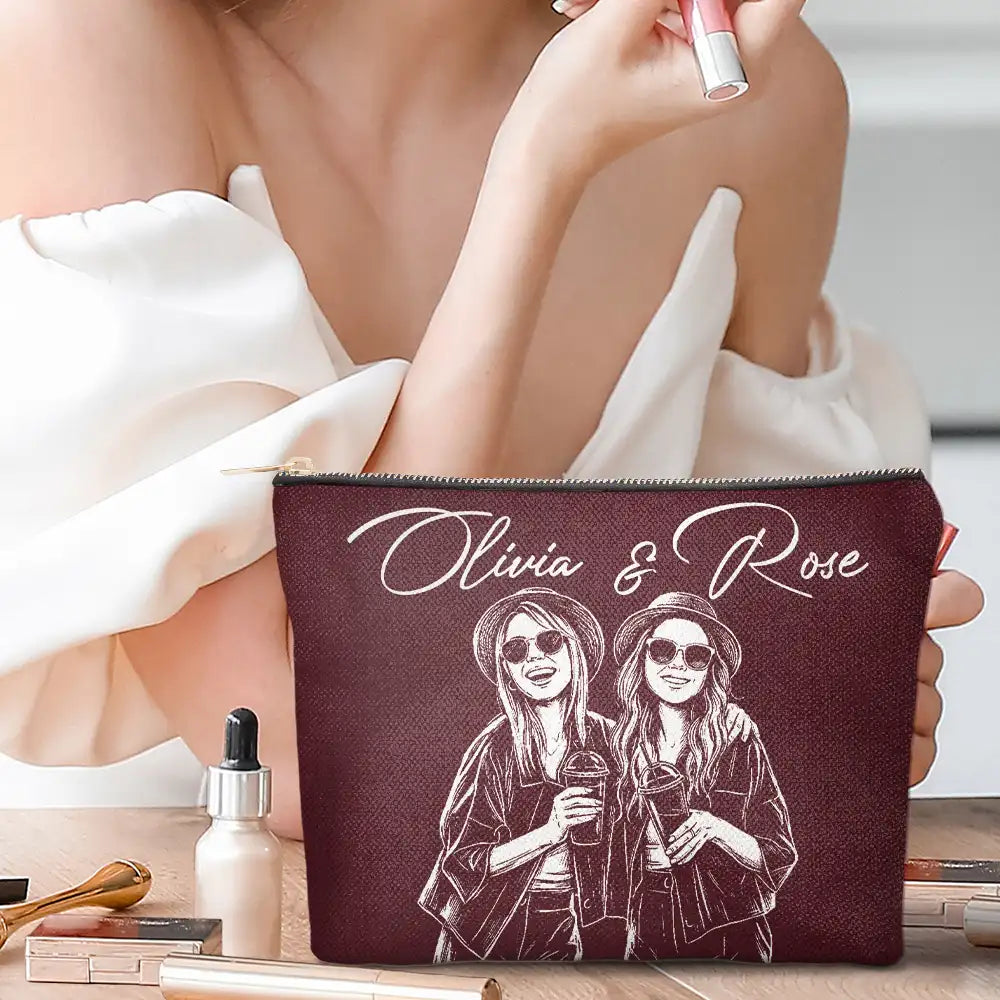 Custom Photo,Beach,Art Design,Summer,Pet Lovers,Playful,Photo - Pencil Sketch - Remove BG - Custom Photo Pencil Sketch Besties Family Pet Funny Portrait - Personalized Cosmetic Bag