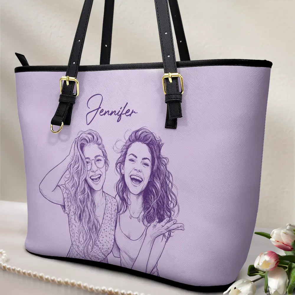 Art Design,Playful,Beach,Summer,Pet Lovers,Photo - Pencil Sketch - Remove BG - Custom Photo Pencil Sketch Besties Family Pet Funny Portrait - Personalized Leather Tote Bag
