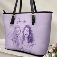 Art Design,Playful,Beach,Summer,Pet Lovers,Photo - Pencil Sketch - Remove BG - Custom Photo Pencil Sketch Besties Family Pet Funny Portrait - Personalized Leather Tote Bag