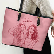 Art Design,Playful,Beach,Summer,Pet Lovers,Photo - Pencil Sketch - Remove BG - Custom Photo Pencil Sketch Besties Family Pet Funny Portrait - Personalized Leather Tote Bag