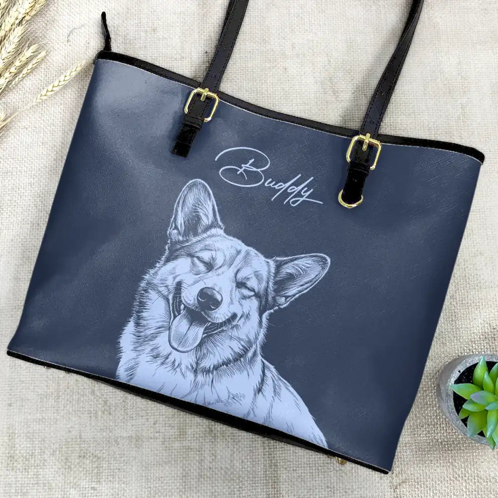 Art Design,Playful,Beach,Summer,Pet Lovers,Photo - Pencil Sketch - Remove BG - Custom Photo Pencil Sketch Besties Family Pet Funny Portrait - Personalized Leather Tote Bag